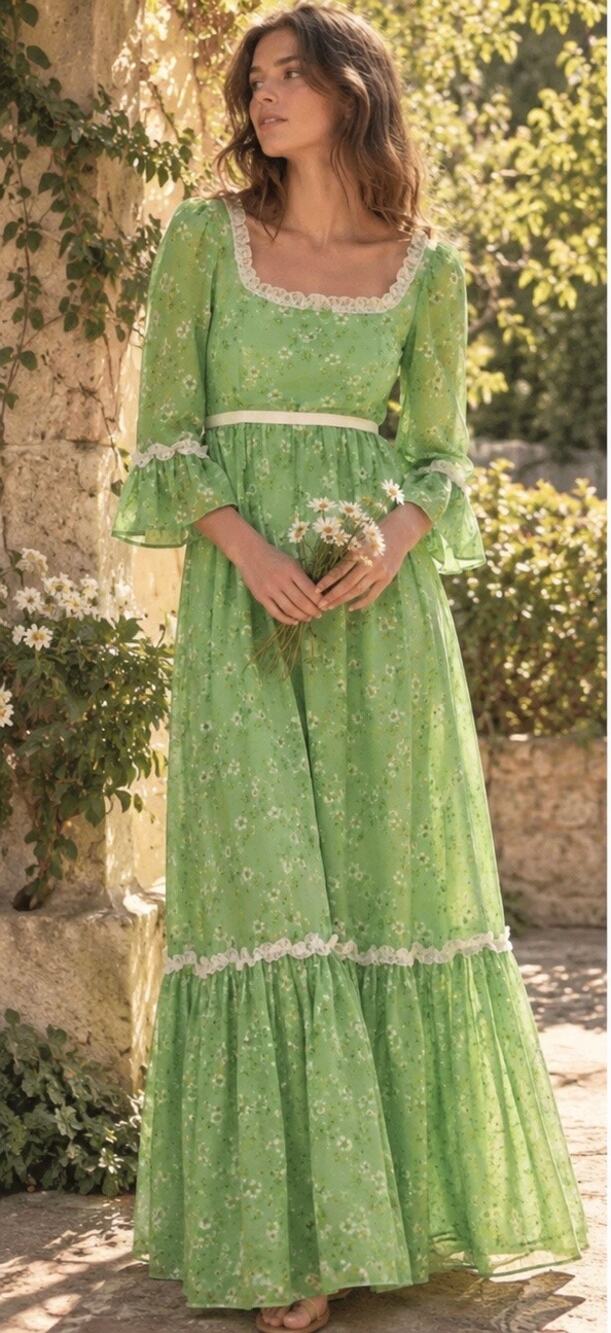 Vintage 70s Lorrie Deb San Francisco Green Floral Lace Maxi Dress 11/12USA